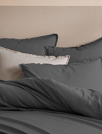 Parure de lit unie en coton taies carrées à franges, COTON LAVÉ