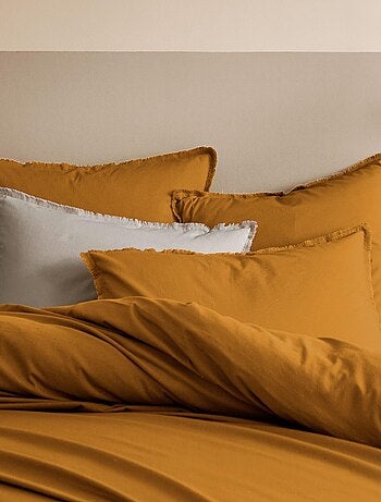 Parure de lit unie en coton taies carrées à franges, COTON LAVÉ