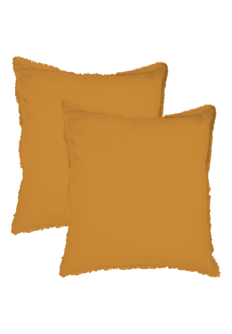Parure de lit unie en coton taies carrées à franges, COTON LAVÉ Marron caramel - Kiabi