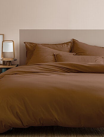 Parure de lit unie en coton taies carrées à franges, COTON LAVÉ