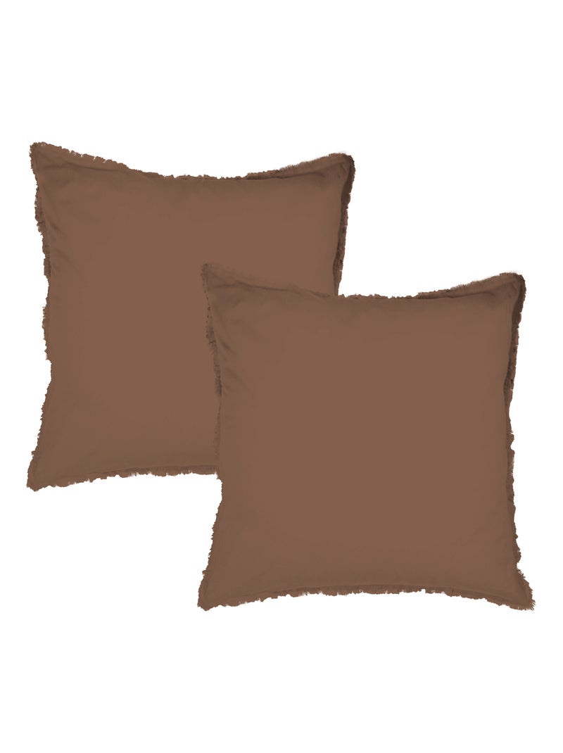 Parure de lit unie en coton taies carrées à franges, COTON LAVÉ Marron chocolat - Kiabi