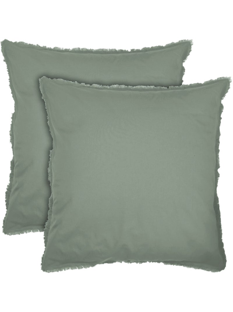 Parure de lit unie en coton taies carrées à franges, COTON LAVÉ Vert kaki clair - Kiabi
