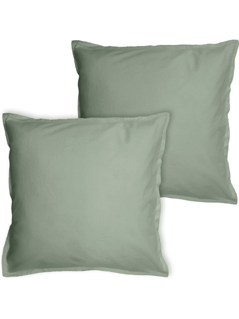 Parure de lit unie en coton taies carrées à volant, COTON LAVÉ Vert kaki clair - Kiabi