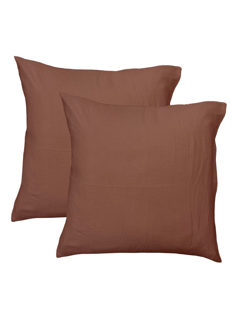 Parure de lit unie en coton taies carrées, gaze de coton Marron chocolat - Kiabi
