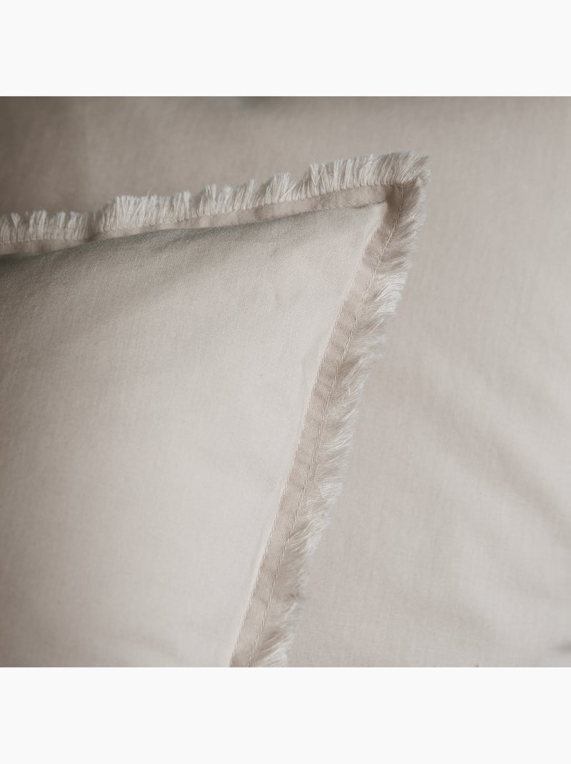 Parure de lit unie en coton taies rectangulaires à franges, COTON LAVÉ Beige - Kiabi