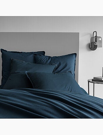 Parure de lit unie en coton taies rectangulaires à franges, COTON LAVÉ