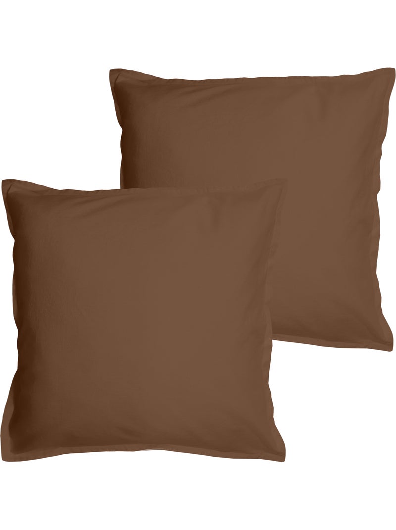 Parure de lit unie en coton taies rectangulaires à volant, COTON LAVÉ Marron chocolat - Kiabi