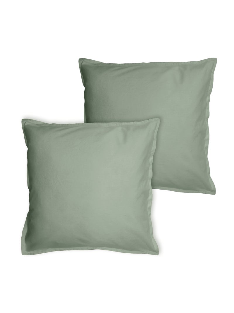 Parure de lit unie en coton taies rectangulaires à volant, COTON LAVÉ Vert kaki clair - Kiabi