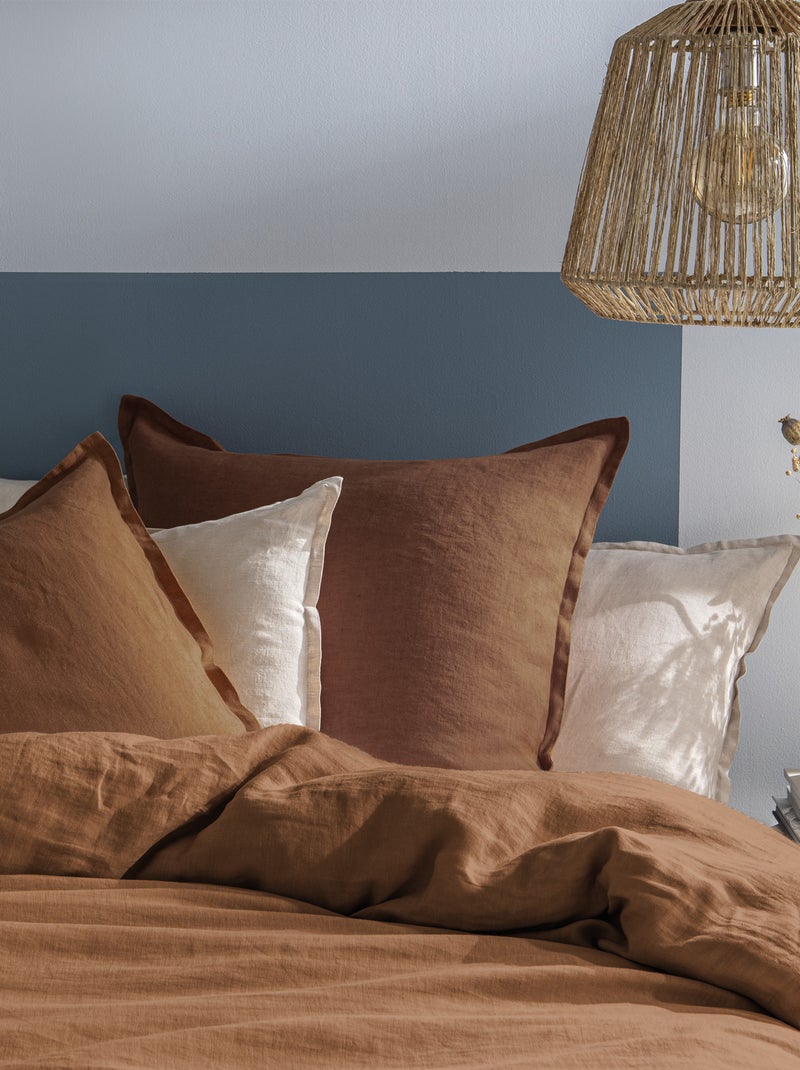 Parure de lit unie en lin Taies carrées, PASSION LIN Marron noisette - Kiabi