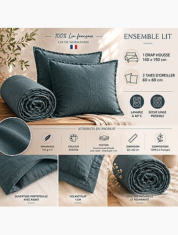 Parure Drap Housse + 2 Taies 60x60 cm 100% Lin Français