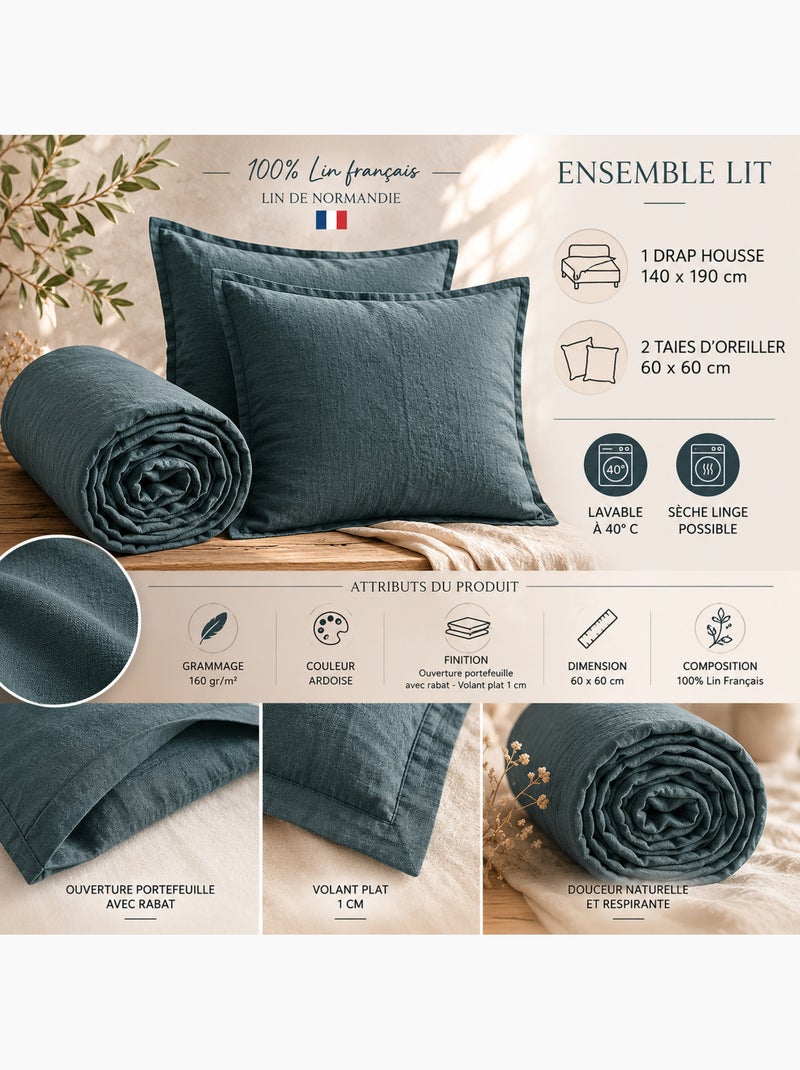 Parure Drap Housse + 2 Taies 60x60 cm 100% Lin Français Ardoise - Kiabi