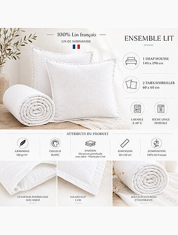 Parure Drap Housse + 2 Taies 60x60 cm 100% Lin Français