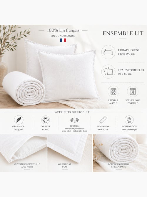 Parure Drap Housse + 2 Taies 60x60 cm 100% Lin Français - Kiabi