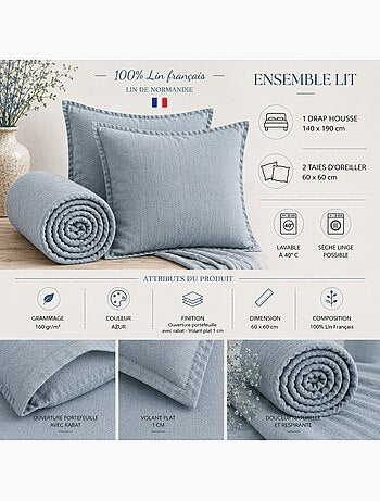 Parure Drap Housse + 2 Taies 60x60 cm 100% Lin Français