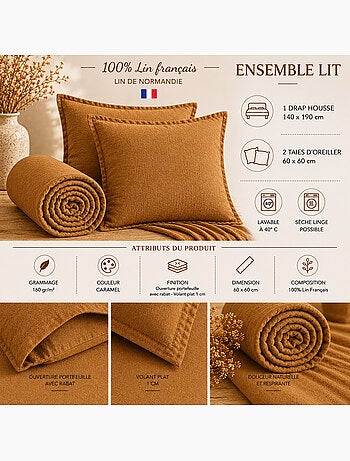 Parure Drap Housse + 2 Taies 60x60 cm 100% Lin Français