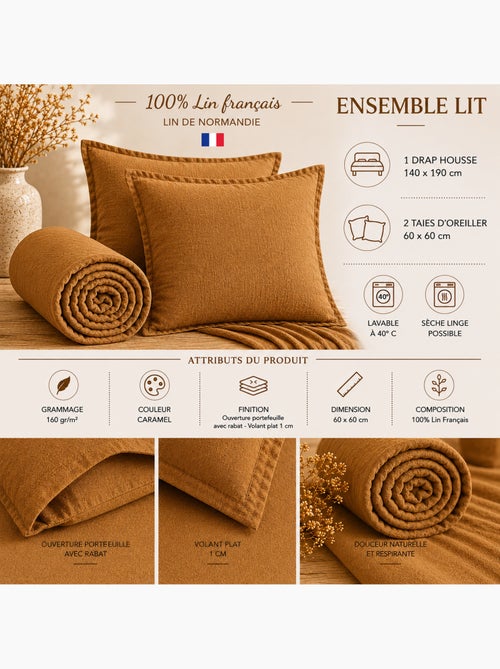 Parure Drap Housse + 2 Taies 60x60 cm 100% Lin Français - Kiabi
