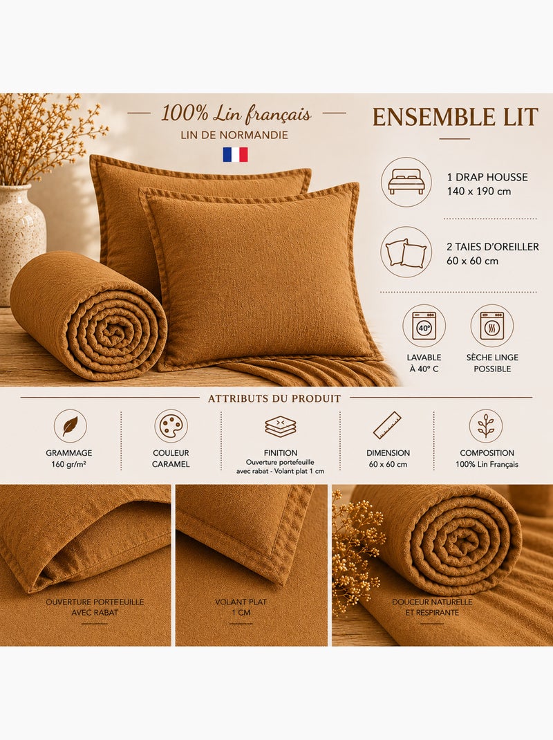 Parure Drap Housse + 2 Taies 60x60 cm 100% Lin Français Marron caramel - Kiabi