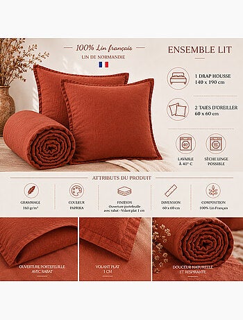 Parure Drap Housse + 2 Taies 60x60 cm 100% Lin Français