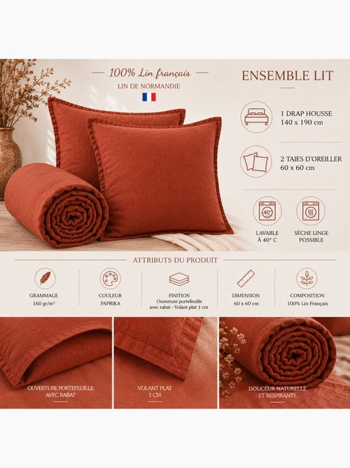 Parure Drap Housse + 2 Taies 60x60 cm 100% Lin Français - Kiabi
