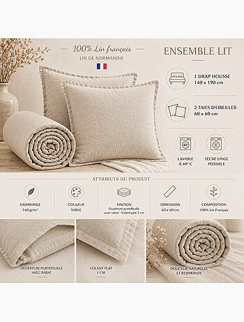 Parure Drap Housse + 2 Taies 60x60 cm 100% Lin Français