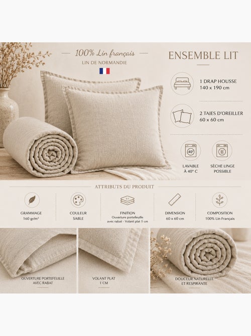 Parure Drap Housse + 2 Taies 60x60 cm 100% Lin Français - Kiabi