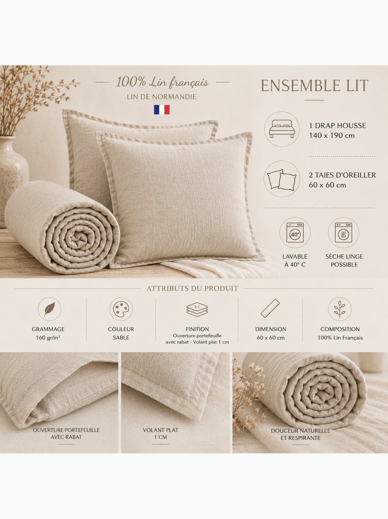 Parure Drap Housse + 2 Taies 60x60 cm 100% Lin Français Sable - Kiabi