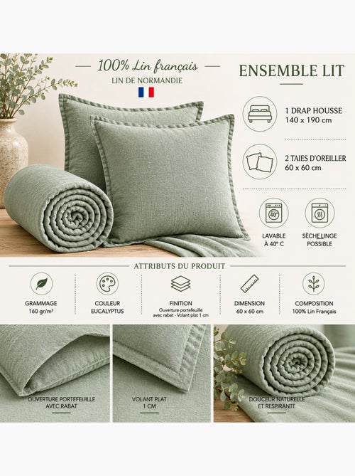 Parure Drap Housse + 2 Taies 60x60 cm 100% Lin Français - Kiabi