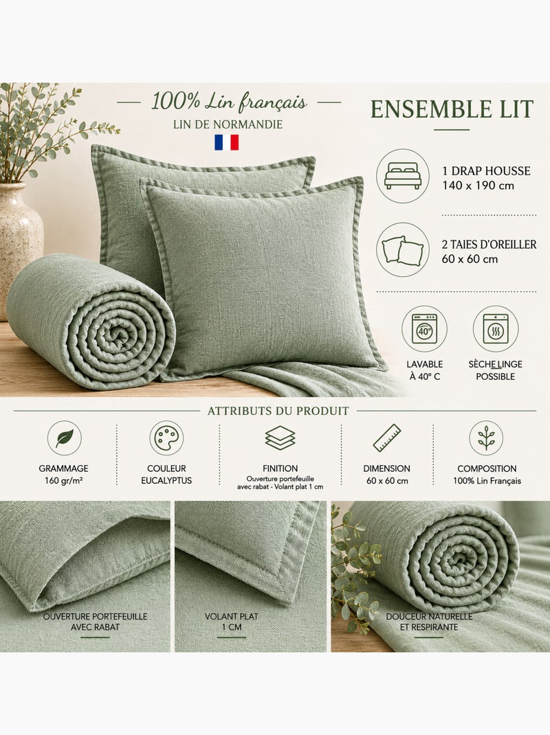 Parure Drap Housse + 2 Taies 60x60 cm 100% Lin Français Vert clair - Kiabi