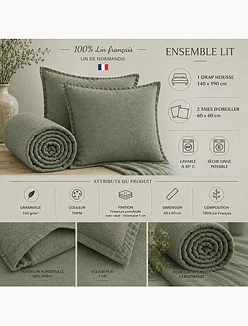 Parure Drap Housse + 2 Taies 60x60 cm 100% Lin Français
