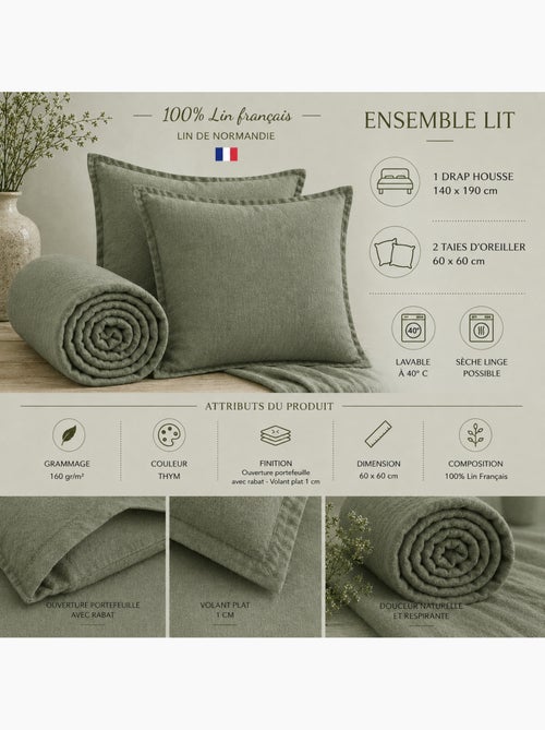 Parure Drap Housse + 2 Taies 60x60 cm 100% Lin Français - Kiabi