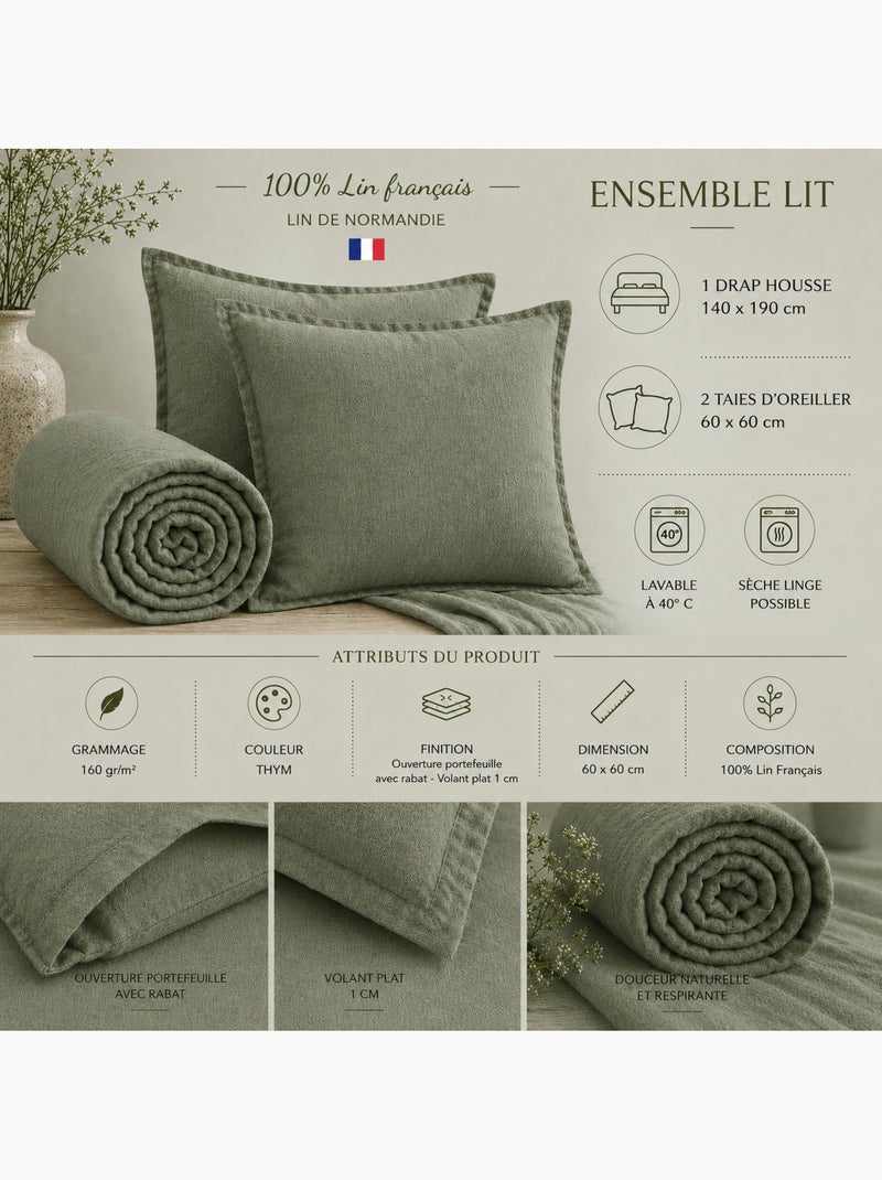 Parure Drap Housse + 2 Taies 60x60 cm 100% Lin Français Vert - Kiabi