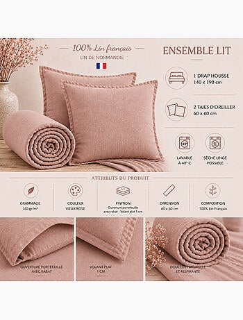 Parure Drap Housse + 2 Taies 60x60 cm 100% Lin Français