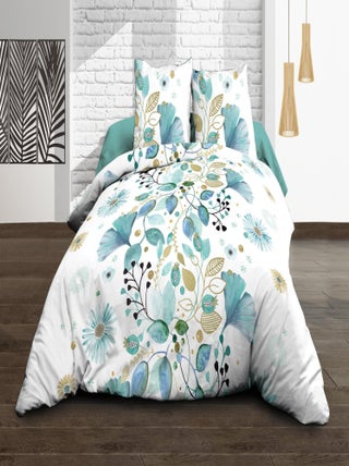 Parure Drap plat + drap-housse 140x190 + 2 T - Pur coton 57 fils - Bloom