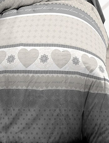 Parure Drap plat + drap-housse 140x190 + 2 T - Pur coton 57 fils - Coeurs gris