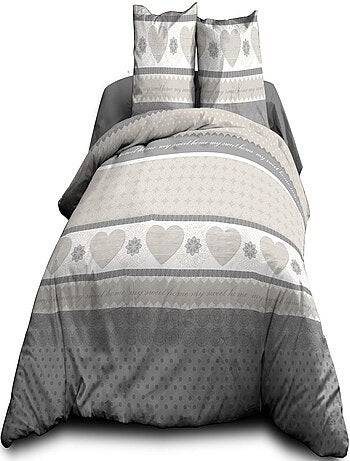 Parure Drap plat + drap-housse 140x190 + 2 T - Pur coton 57 fils - Coeurs gris