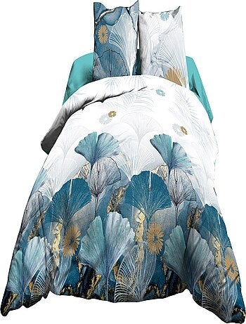 Parure Drap plat + drap-housse 140x190 + 2 T - Pur coton 57 fils - Ginko bleu
