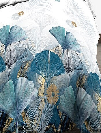 Parure Drap plat + drap-housse 140x190 + 2 T - Pur coton 57 fils - Ginko bleu