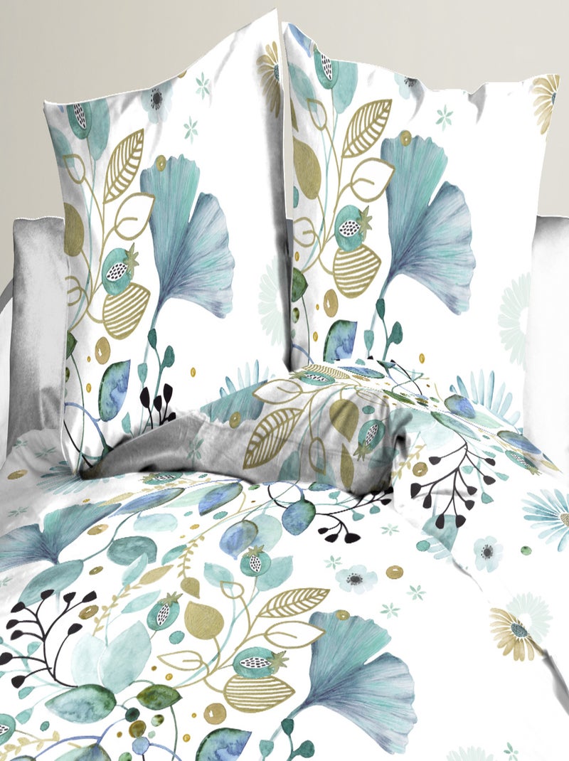 Parure Drap plat + drap-housse 140x190 + 2 Taies Microfibre - Entretien Facile - Ginko Bleu Beige Blanc - Kiabi