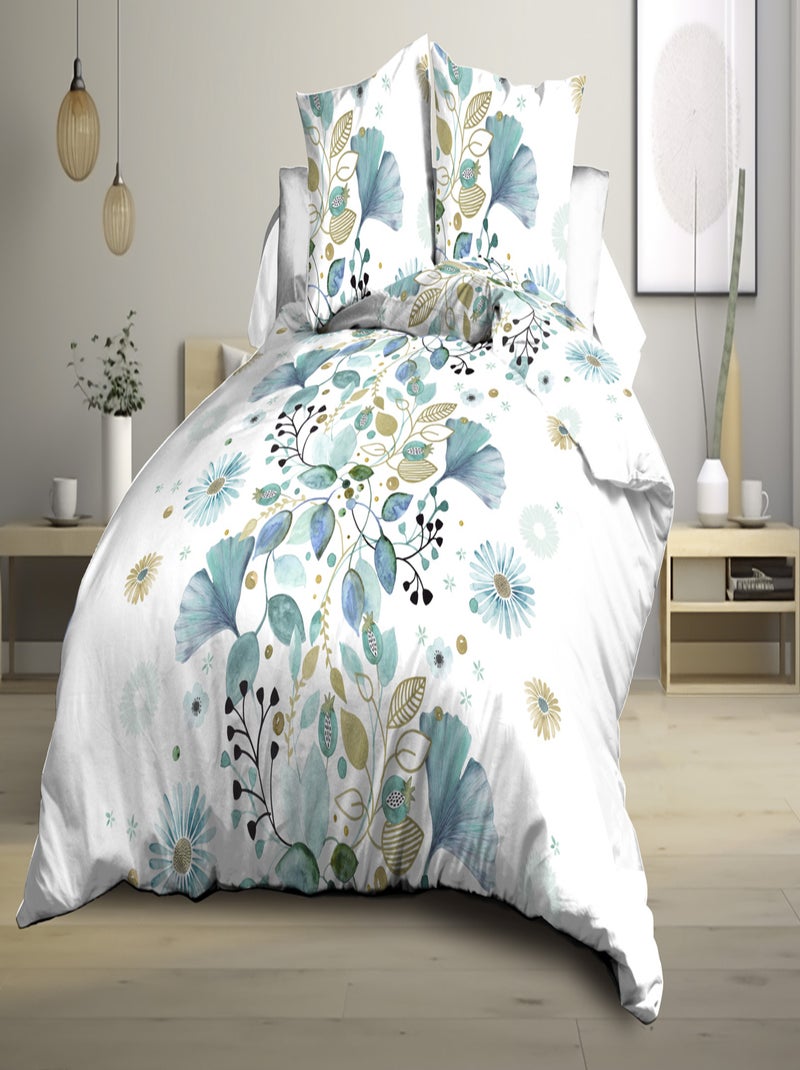 Parure Drap plat + drap-housse 140x190 + 2 Taies Microfibre - Entretien Facile - Ginko Bleu Beige Blanc - Kiabi