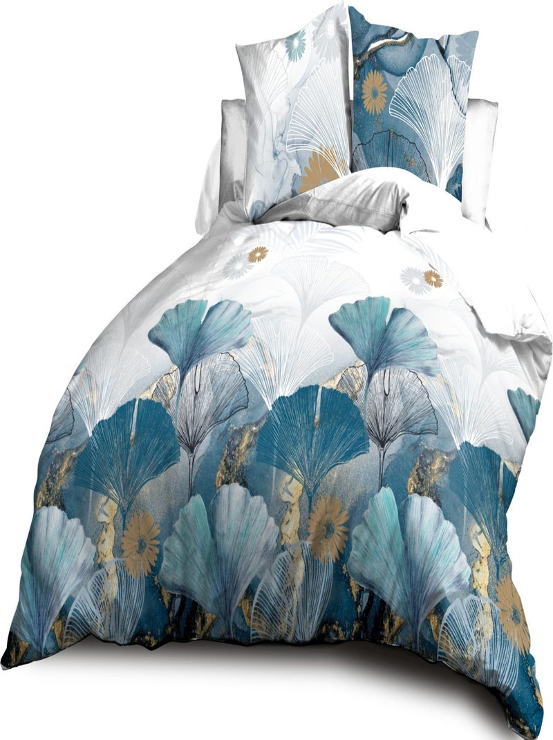 Parure Drap plat + drap-housse 140x190 + 2 Taies Microfibre - Entretien Facile - Ginko Bleu Doré Blanc - Kiabi