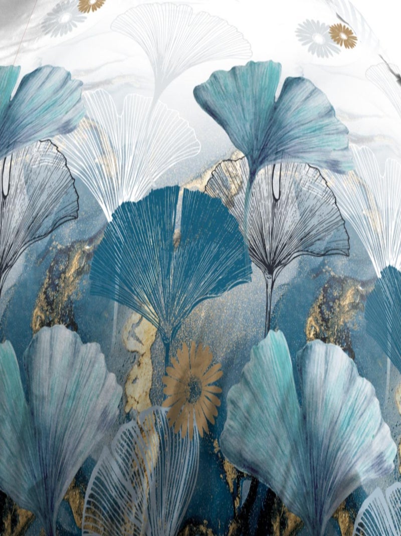 Parure Drap plat + drap-housse 140x190 + 2 Taies Microfibre - Entretien Facile - Ginko Bleu Doré Blanc - Kiabi