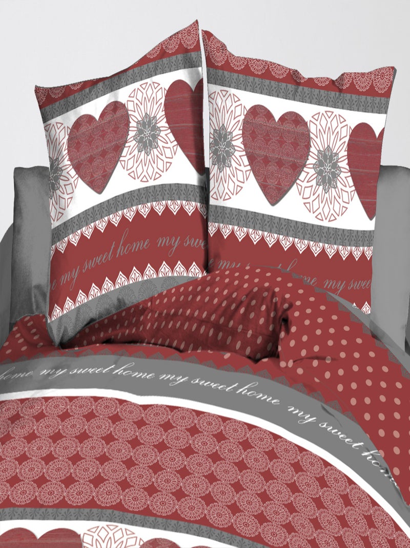 Parure Drap plat + drap-housse 140x190 + 2 Taies Microfibre - Entretien Facile - Ginko Gris Rouge - Kiabi