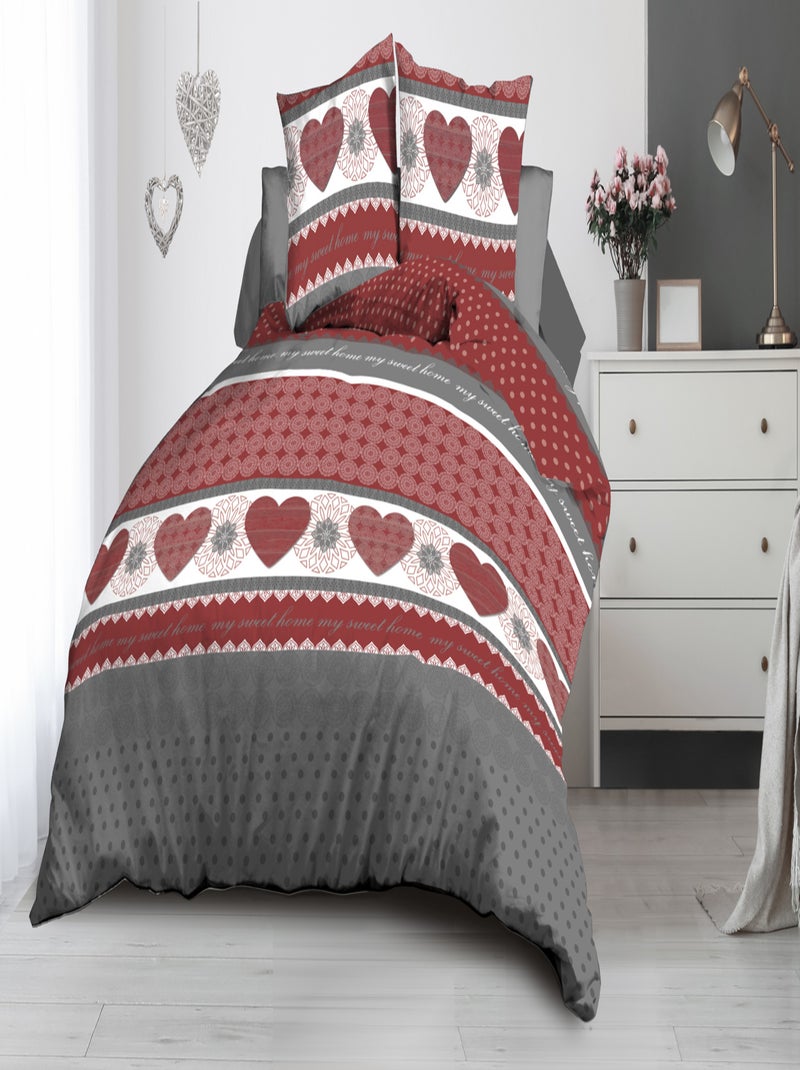 Parure Drap plat + drap-housse 140x190 + 2 Taies Microfibre - Entretien Facile - Ginko Gris Rouge - Kiabi