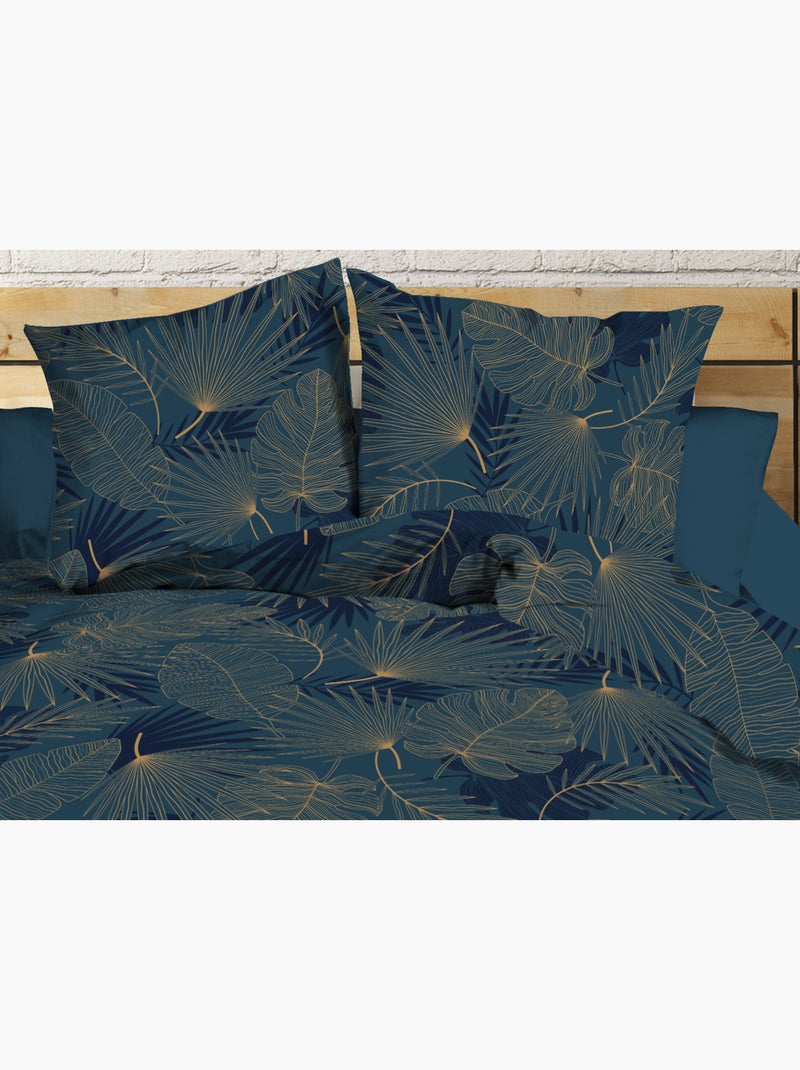 Parure Drap plat + drap-housse 140x190 + 2 Taies Microfibre - Entretien Facile - Olinda bleu Bleu Doré - Kiabi