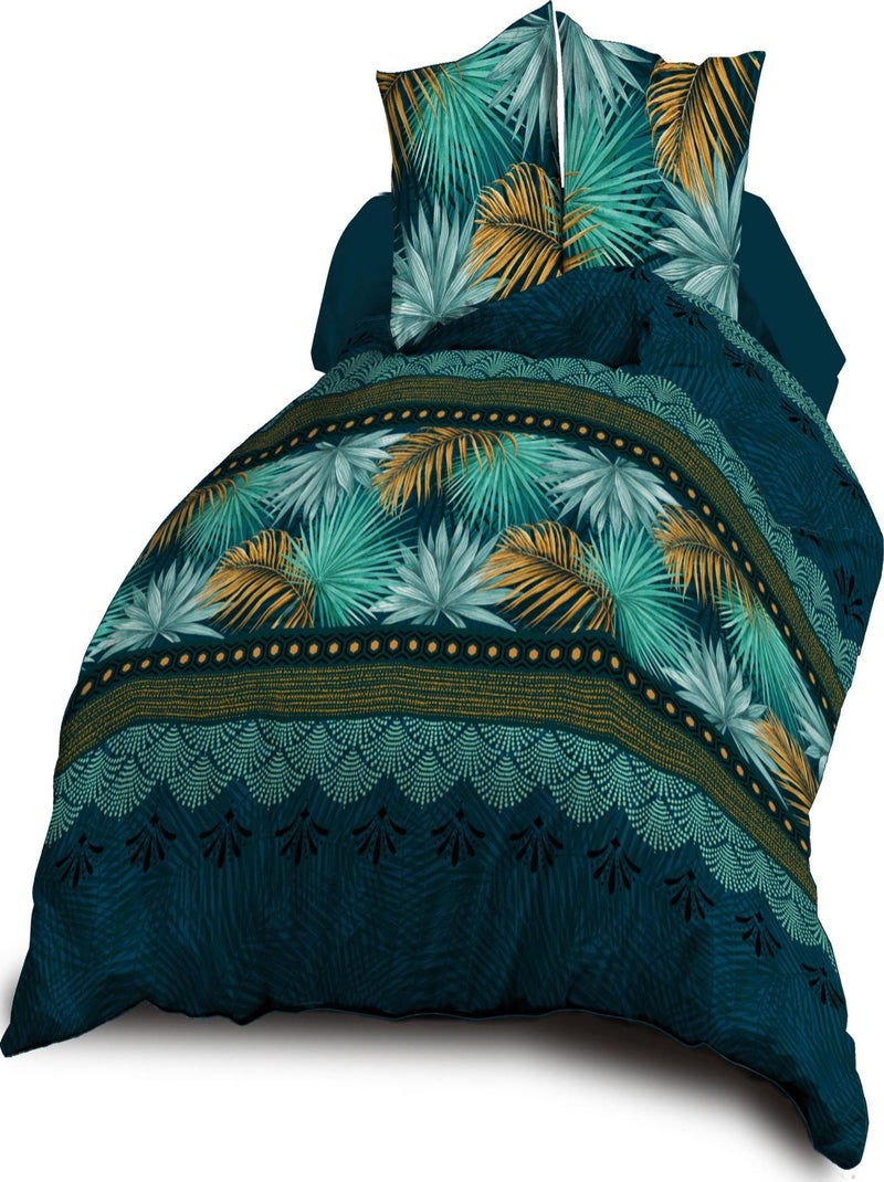 Parure Drap plat + drap-housse 140x190 + 2 Taies Microfibre - Entretien Facile - Paraiso Bleu Vert Bleu - Kiabi
