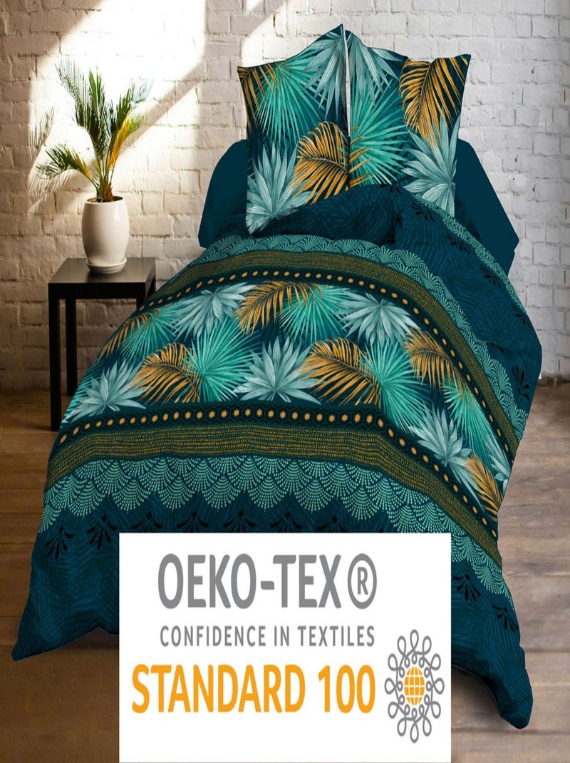 Parure Drap plat + drap-housse 140x190 + 2 Taies Microfibre - Entretien Facile - Paraiso Bleu Vert Bleu - Kiabi