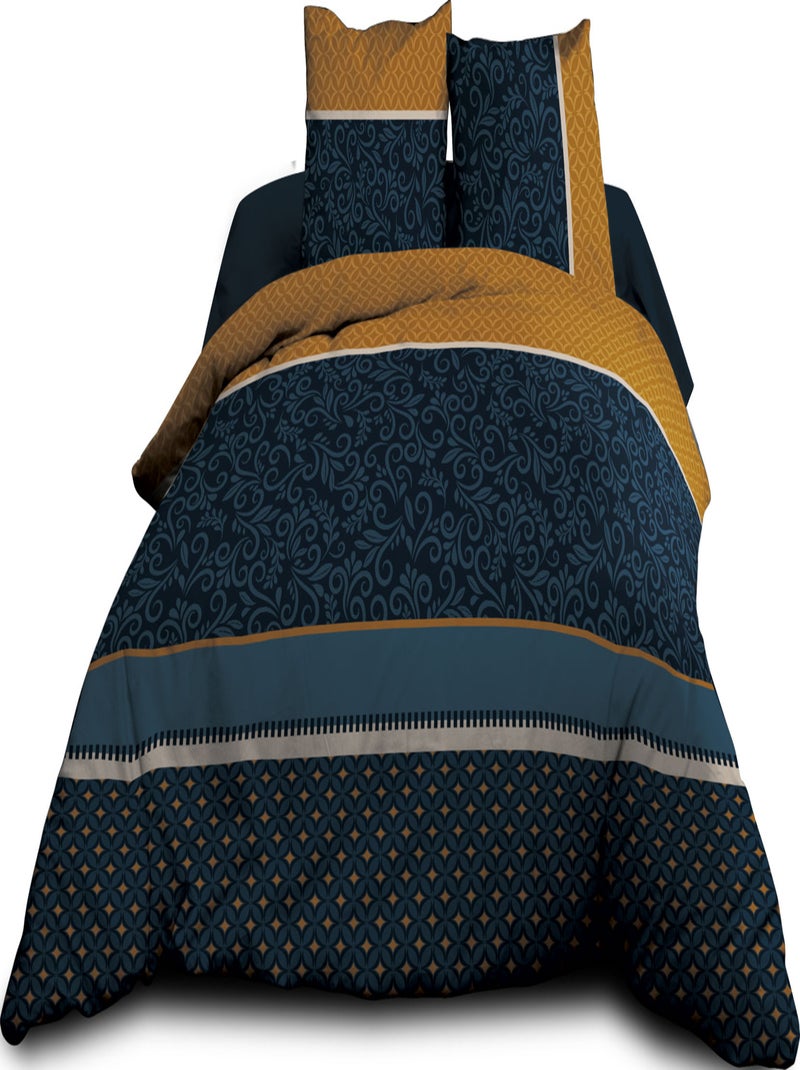 Parure Drap plat + drap-housse 160x200 + 2 T - Pur coton 57 fils - Alix Bleu - Kiabi