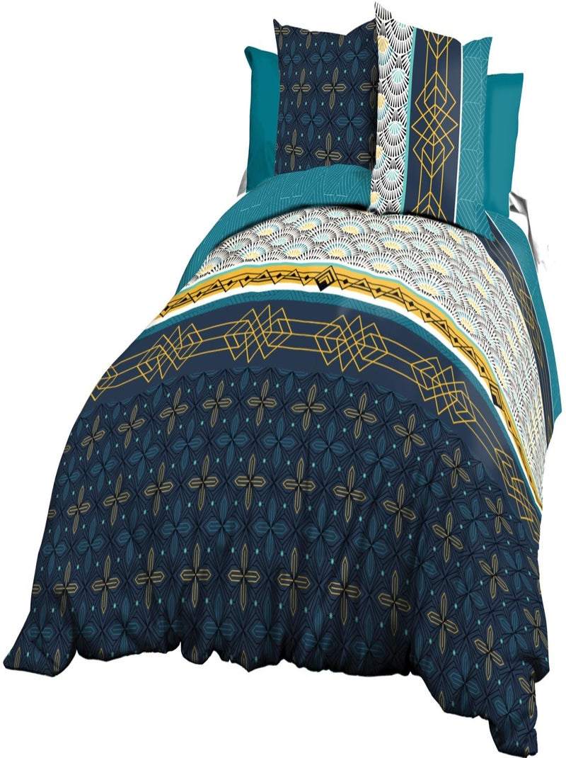 Parure Drap plat + drap-housse 160x200 + 2 T - Pur coton 57 fils - Biarritz Bleu - Kiabi