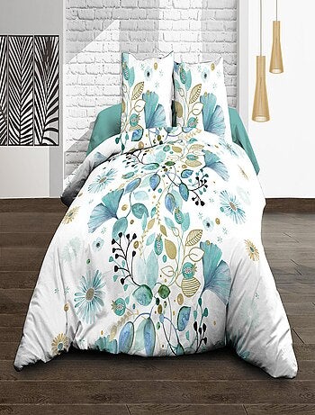 Parure Drap plat + drap-housse 160x200 + 2 T - Pur coton 57 fils - Bloom