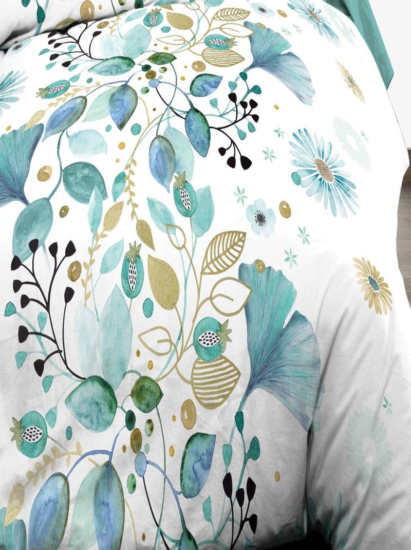 Parure Drap plat + drap-housse 160x200 + 2 T - Pur coton 57 fils - Bloom Bleu turquoise - Kiabi